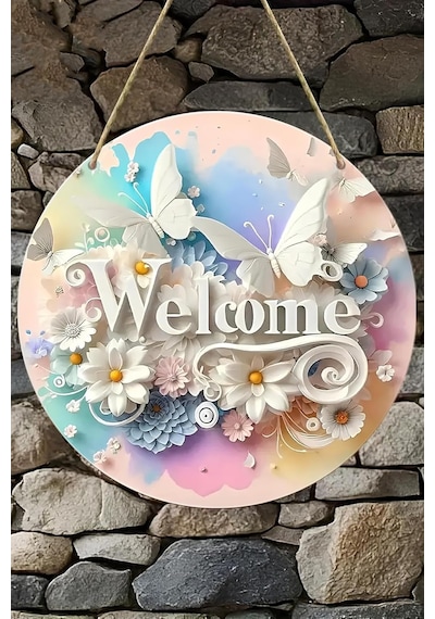 Kututr Çiçek Ve Kelebek Temalı Uv Baskı 3d Görünümlü Mdf Kapı Süsü Welcome Yazılı 33 Cm Ks009,çok Renk Çok Renkli