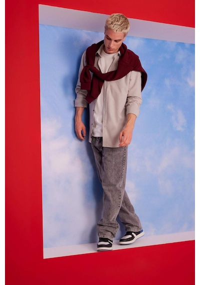 Defacto Slim Fit Dar Kesim Pamuklu Basic Düz Uzun Kollu Gömlek A4644AX23AUGR91 Gri