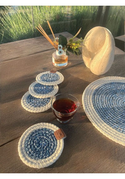 4 Adet Yuvarlak Bardak Altlığı- Leke Tutmaz- Beyaz-mavi 13x13 Cm Beyaz - Mavi