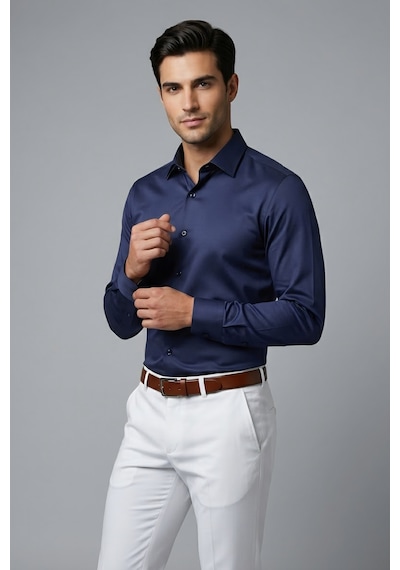Torivalli Collection Dar Kesim Slimfit Saten Kolay Ütülenebilen Mevsimlik Cepsiz Uzun Kollu Kol Düğmesi Takılabilen Erkek Gömlek Lacivert