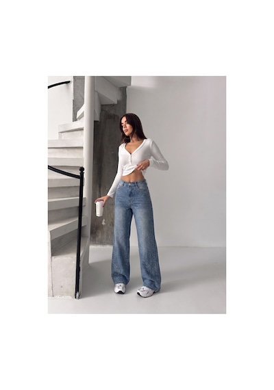 Bluemarlin Yeşil Tint Taşlı Bol Paça Tam Kalıp Denim Kot Pantolon Yeşil