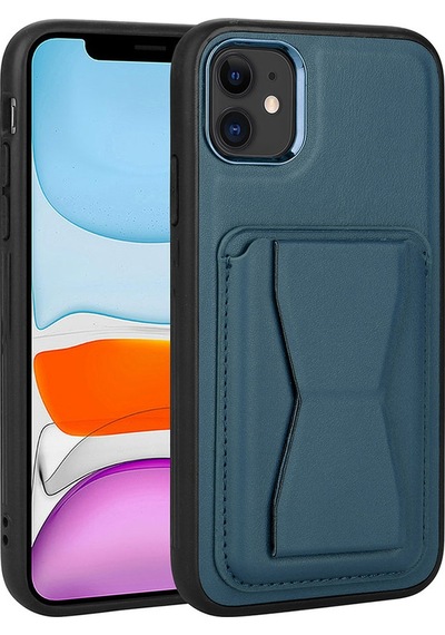 Kilifone - Apple Uyumlu iPhone 12 - Kılıf Kart Bölmeli El Tutacaklı Stand Olan Pu Deri Memo Kapak - Lacivert