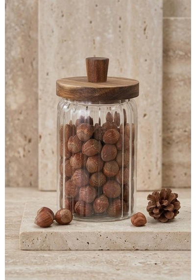 Atbyhome Ahşap Kapaklı Borosilikat Cam Saklama Kabı 700 Ml - Oluklu Cam Kavanoz