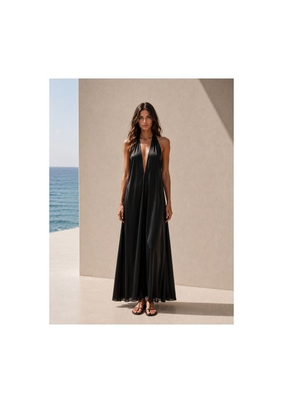 Lilly Noir Riviera Siyah İnce Saten Elbise Siyah Siyah