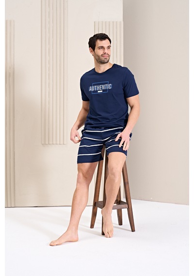 Over Sleep By Poleren Erkek Pijama Takımı Şortlu Kısa Kol Lacivert