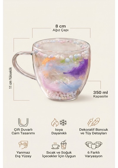 Makri Home Boncuklu Tüylü Çift Cidarlı Cam Kupa, 350 Ml, 11 Cm X 8 Cm Çok Renkli