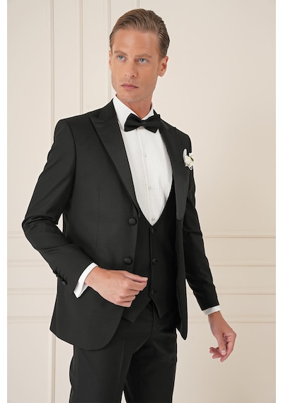 Efor Black 077 Slim Fit Çıkarılabilir Saten Yaka Yelekli Siyah Damatlık Smokin Takım Siyah Efor Black 077 Slim Fit Çıkarılabilir Saten Yaka Yelekli Siyah Damatlık Smokin Takım Siyah