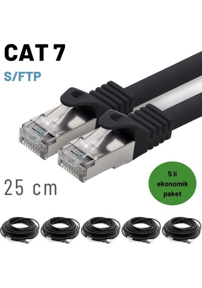 5 Adet 25 Cm Siyah, Cat7 Kablo S/ftp Ethernet Network Lan Ağ Kablosu