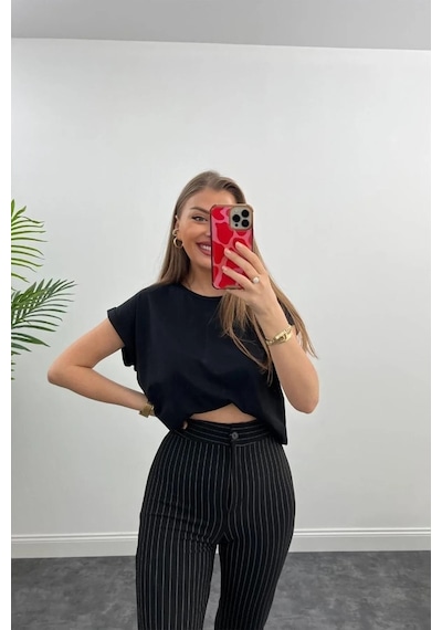 Winmoda34 Yüksek Bel Çimalı Palazzo Kumaş Pantolon Nevrulu Çizgili-siyah