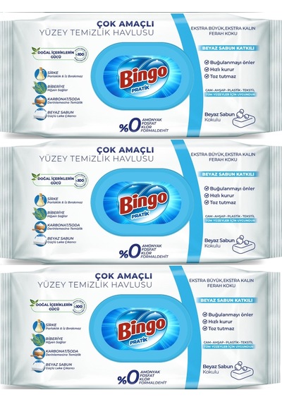 Bingo Clean Yüzey Temizlik Havlusu 96 Yaprak Beyaz Sabun 3 Lü