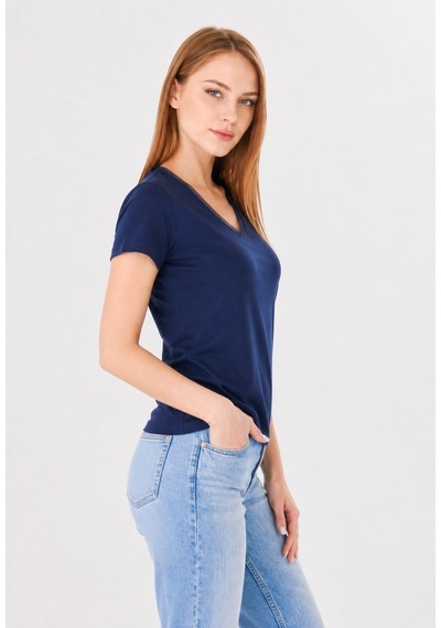 Sortie Collection Kadın V Yaka Tül Detaylı Pamuklu Basic Tişört İndigo Beyaz - Açık Lacivert