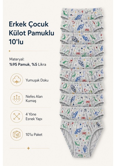 Tom John Erkek Çocuk Külot Pamuklu Likralı Garson 10 Lu Paket 41710 Çok Renkli