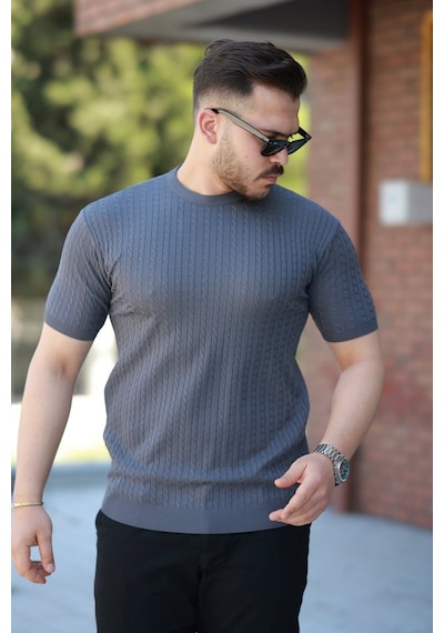 Erkek Bisiklet Yaka Örgü Desenli Kısa Örme Triko Kısa Kollu T-shirt Füme