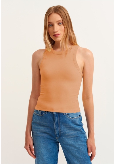 Mea Capio Kadın Hardal Fitilli T-shirt Halter Yaka Örme Atlet Hardal