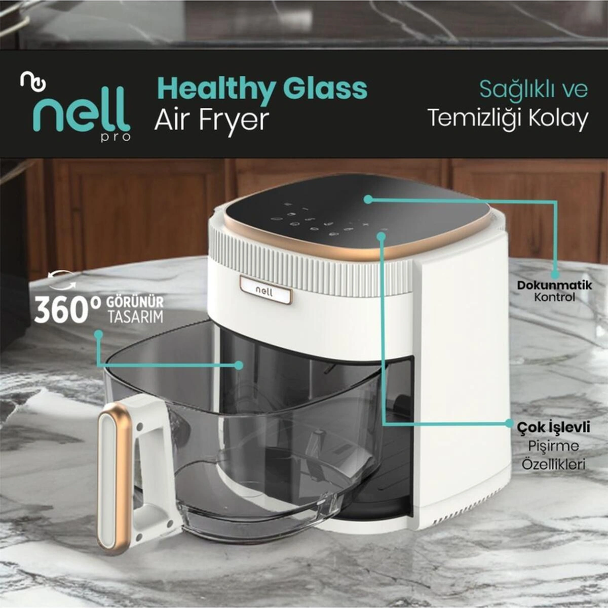 Nell Healthy Glass Cam Air Fryer 4,5 Lt Ep9930