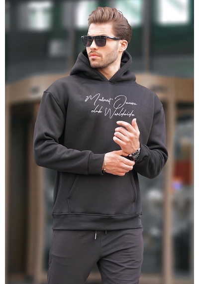 Madmext Siyah Kapüşonlu Cep Detaylı Baskılı Erkek Sweatshirt 7064-siyah Siyah