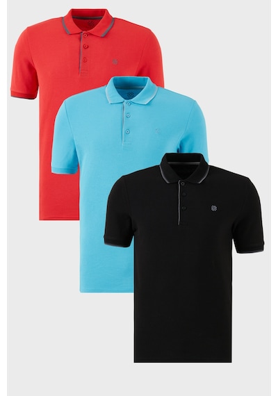 Buratti Pamuklu Slim Fit Şerit Detaylı Düğmeli Polo Yaka 3'Lü Paket Erkek T Shirt 5902118S3 Siyah-Kırmızı-Aqua Mavi