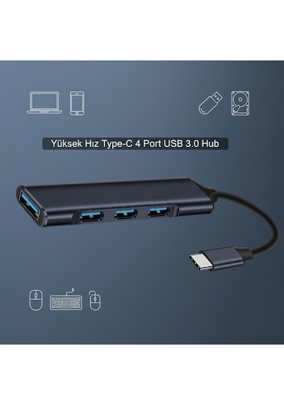 Type C To 4 Port Usb 3.0 Hub Otg Çoğaltıcı Çoklayıcı Adaptör Yeni Model Laptop Uyumlu