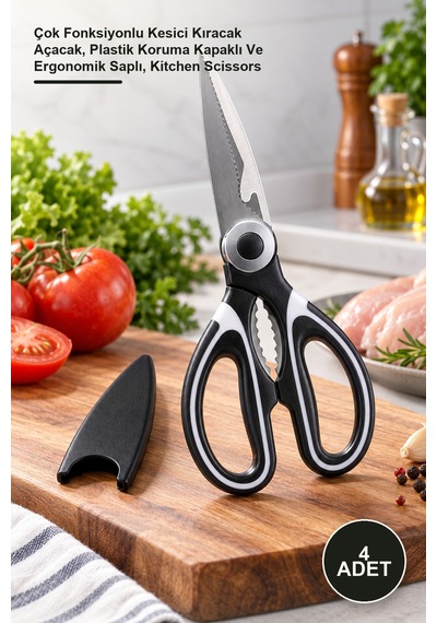 4 Adet Mutfak Makası Çok Fonksiyonlu Kesici Kıracak Açacak, Plastik Koruma Kapaklı Ve Ergonomik Saplı, Kitchen Scissors Bal