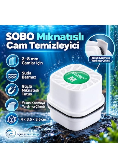 Sobo Akvaryum Mıknatıslı Cam Temizleyici - Suda Batmaz - 4 X 3.5 X 3.5 Cm - Ekstra Yosun Kazıyıcı Uç - Güçlü Mıknatıs Tutunma Gücü
