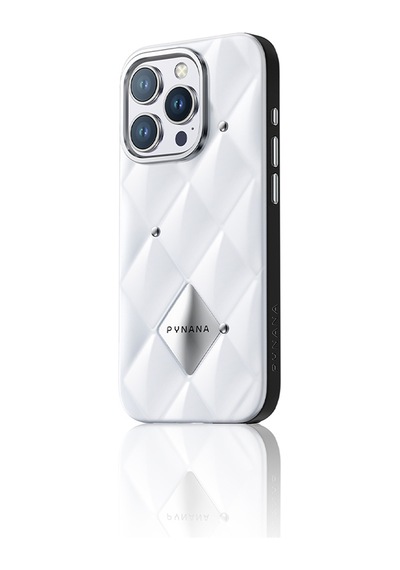 Apple Uyumlu iPhone 16 Pro Kılıf Parlak Arka Yüzeyli Kabartma Kapitone Pynana Metal Diamond Serisi Kapak Beyaz