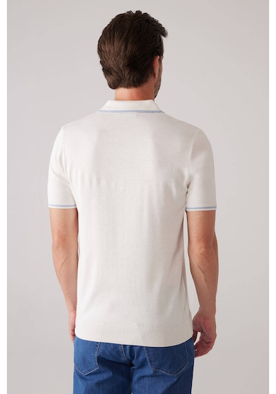 Erkek Kemik Slim Fit Hafif Çizgili Fermuarlı Polo Yaka Tişört