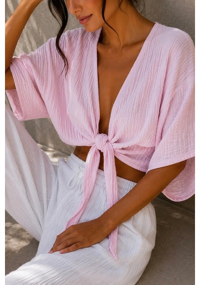 Bbbutikbasic Kadın Müslin Bağlamalı Bolero Bluz Oversize Salaş Yazlık Kimono Hırka My3535 Pembe