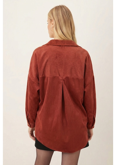 Armonika Kadın Koyu Kiremit Cepli Oversize İnce Fitilli Kadife Gömlek Arm-24k001076 Armonika Kadın Koyu Kiremit Cepli Oversize İnce Fitilli Kadife Gömlek Arm-24k001076