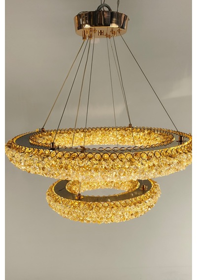 Çift Katlı Amber Kristal Taşlı Modern Led Halka Avize Gold 1