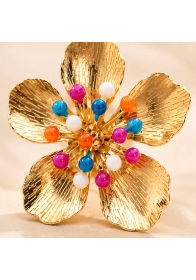 Riody Rainbow Bloom Gold Renkli Taşlı Büyük Çiçek Küpe Sarı - Gümüş - Gold