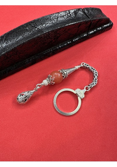 925 Ayar Gümüş El Yapımı Anahtarlık Doğal Pembe Kuvars Taşlı