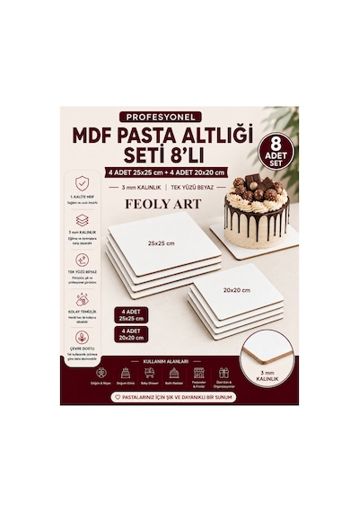 Profesyonel Mdf Pasta Altlığı Seti 8'li 4 Adet 25x25 Cm + 4 Adet 20x20 Cm 3 Mm Tek Yüzü Beyaz Premium Pasta Sunum Altlığı Beyaz / Kahverengi