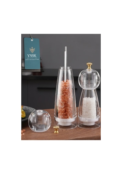 Chacha Home Luxury Purex Akrilik Tuz Ve Karabiber Değirmeni Baharat Öğütücü Şeffaf Lüx Gold Detaylı Küçük Boy