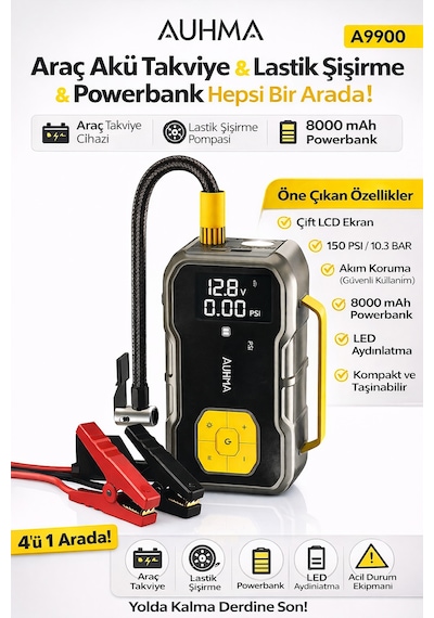 Auhma A9900 4'ü 1 Arada Akü Takviyeli Şarjlı Hava Pompası 8.000 Mah Powerbank & Dijital Fener