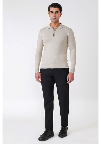Slim Fit Esnek Pamuklu Fermuarlı Polo Yaka Taş Triko Tr 902