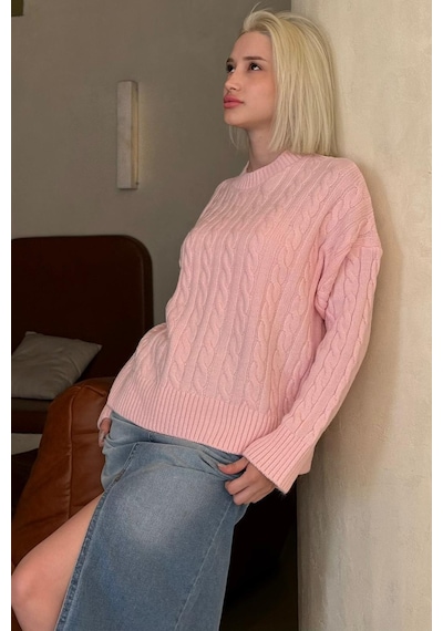 Madmext Pembe Bisiklet Yaka Örgü Desenli Kadın Triko Kazak Mg2520 Pembe