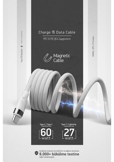Örgülü Mıknatıslı 27w Type-c To Lightning 1mt Data Ve Şarj Kablosu Spk-13 27w Mıknatıslı, Type-c To Lighting Diğer