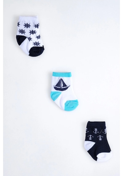 Cocole Socks Erkek Çocuk Soket Çorabı 3 Lü Set Pamuklu Dümen & Yelkenli & Çapa Desenli Çok Renkli