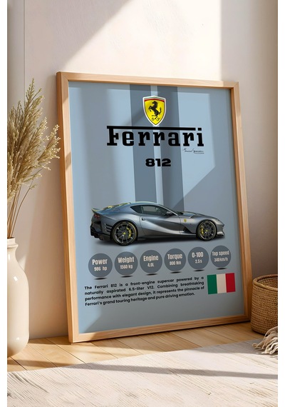 Ferrari 812 Mavi V12 Premium Süper Araba Tablosu - Teknik Özellikli İtalyan Otomobil Duvar Dekoru Kayın Ferrari 812 Mavi V12 Premium Süper Araba Tablosu - Teknik Özellikli İtalyan Otomobil Duvar Dekoru Kayın