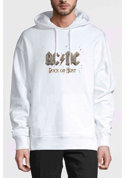 Ac Dc Rock Or Bust Logo Baskılı Beyaz Erkek Örme Kapşonlu Sweat