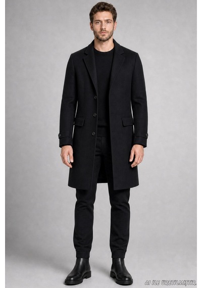Freemen Erkek Slim Fit Klasik Yaka 3 Düğmeli Uzun Kaşe Kaban-425 Siyah