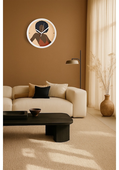 Afro Stil Kadın Minimalist Modern Duvar Saati - 30cm - Önü Camlı Beyaz Kasa - Sessiz Mekanizma Beyaz