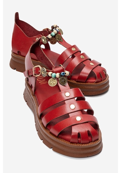 Luvi Shoes Solıs Kırmızı Hakiki Deri Boncuklu Kadın Sandalet