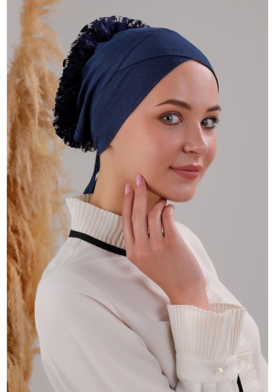 Melodi Scarf Tesettür Fırfırlı Çapraz Bone Lacivert Lacivert