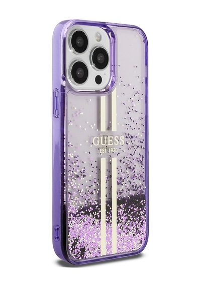 Apple Uyumlu iPhone 14 Pro Max Kılıf Guess Lisanslı Transparan Sıvılı Simli Altın Çizgili Kapak Mor