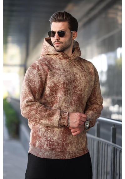 Madmext Kahverengi Desenli Kapüşonlu Erkek Sweatshirt E7167 Kahverengi