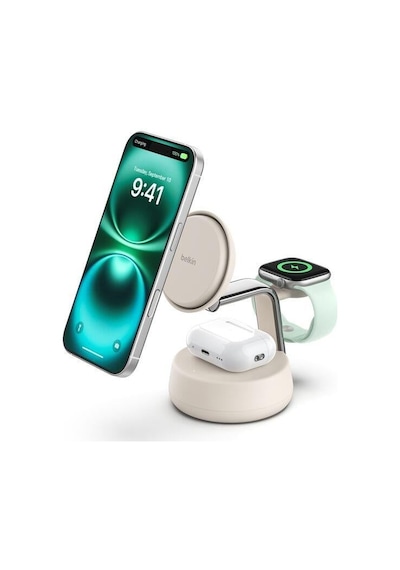 Belkin Wız040kqsd Boostcharge Pro 3-in-1 Qi2 Magsafe Uyumlu 25w Manyetik Şarj Standı Bej