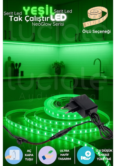 1 Metre Neoglow Led Işık Bandı 12v Tak Çalıştır Yeşil 60 Çipli Fişli Dekoratif Şerit Led Seti