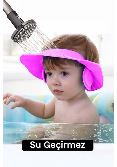 Ayarlanabilir Bebek Banyo Şapkası Yenidoğan Duş Bonesi Göz Kulak Koruyucu 28 CM Pembe