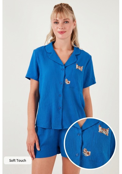 Lela Gömlek Yaka Beli Lastikli Kısa Kollu Şortlu Bayan Pijama Takımı 611Pt00123 Mavi